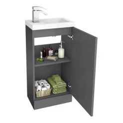 Apollo2 405mm Gloss Grey Compact Floor Standing Vanity Unit w. Matt Black Handle -Cloakroom Vanity Units Shop APC2GFS4MB d2 460