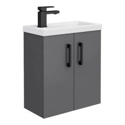 Apollo2 505mm Gloss Grey Compact Wall Hung Vanity Unit w. Matt Black Handles