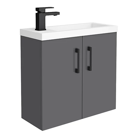 Apollo2 605mm Gloss Grey Compact Wall Hung Vanity Unit w. Matt Black Handles 1 Apollo2 605mm Gloss Grey Compact Wall Hung Vanity Unit w. Matt Black Handles
