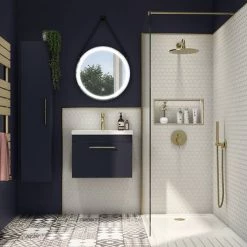 Arezzo Wall Hung Vanity Unit - Matt Blue - 500mm with Industrial Style Brushed Brass Handle -Cloakroom Vanity Units Shop AZB5WHVBBIS d3 460