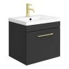 Arezzo 500 Matt Black Wall Hung 1-Drawer Vanity Unit with Brushed Brass Handle