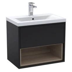Arezzo Senza 600mm Matt Black / Vicenza Oak Wall Hung Vanity Unit with Open Shelf + Ceramic Basin -Cloakroom Vanity Units Shop AZBLAVO6 d2 460