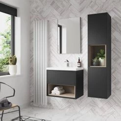 Arezzo Senza 600mm Matt Black / Vicenza Oak Wall Hung Vanity Unit with Open Shelf + Ceramic Basin -Cloakroom Vanity Units Shop AZBLAVO6 d3 460