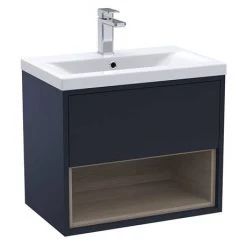 Arezzo Senza 600mm Matt Blue / Vicenza Oak Wall Hung Vanity Unit with Open Shelf + Ceramic Basin 6 Arezzo Senza 600mm Matt Blue / Vicenza Oak Wall Hung Vanity Unit with Open Shelf + Ceramic Basin -Cloakroom Vanity Units Shop AZBLUVO6 d2 460