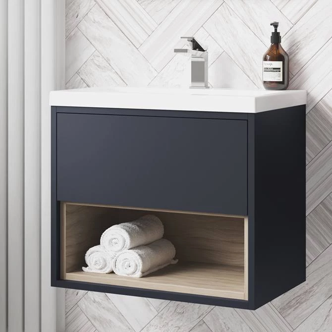 Arezzo Senza 600mm Matt Blue / Vicenza Oak Wall Hung Vanity Unit with Open Shelf + Ceramic Basin 1 Arezzo Senza 600mm Matt Blue / Vicenza Oak Wall Hung Vanity Unit with Open Shelf + Ceramic Basin