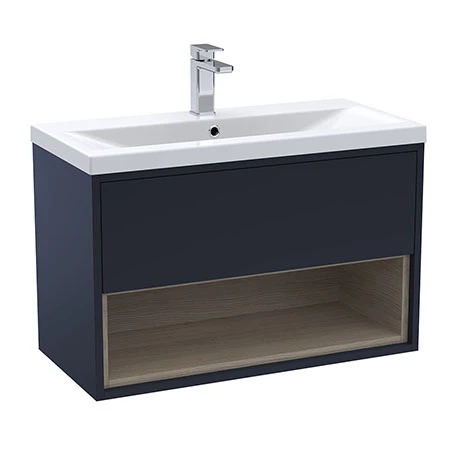 Arezzo Senza 800mm Matt Blue / Vicenza Oak Wall Hung Vanity Unit with Open Shelf + Ceramic Basin 1 Arezzo Senza 800mm Matt Blue / Vicenza Oak Wall Hung Vanity Unit with Open Shelf + Ceramic Basin