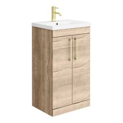 Arezzo Floor Standing Vanity Unit - Rustic Oak - 500mm with Brushed Brass Handles