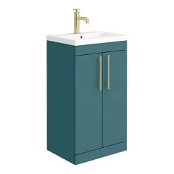 Arezzo Floor Standing Vanity Unit - Matt Green - 500mm with Industrial Style Brushed Brass Handles
