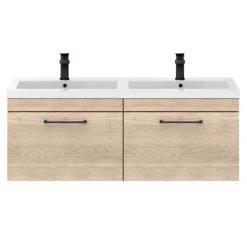 Arezzo Rustic Oak Wall Hung Double Basin Vanity Unit (1205mm w. Matt Black Handles) -Cloakroom Vanity Units Shop AZWH12OMBR1D d2 460