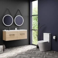 Arezzo Rustic Oak Wall Hung Double Basin Vanity Unit (1205mm w. Matt Black Handles) -Cloakroom Vanity Units Shop AZWH12OMBR1D d4 460