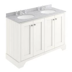 Bayswater Pointing White 1200mm 4 Door Vanity Unit & 3TH Grey Marble Double Bowl Basin Top