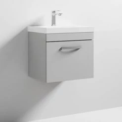 Brooklyn 500 Grey Mist Wall Hung 1-Drawer Vanity Unit with Thin-Edge Basin -Cloakroom Vanity Units Shop BWHSD5GMTE d2 460
