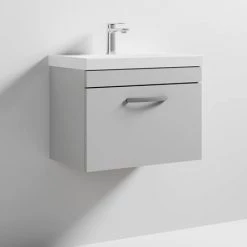 Brooklyn 600 Grey Mist Wall Hung 1-Drawer Vanity Unit with Thin-Edge Basin -Cloakroom Vanity Units Shop BWHSD6GMTE d2 460