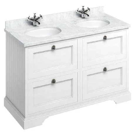 Burlington 130 4-Drawer Vanity Unit & Minerva Worktop with Double Basin - Matt White 1 Burlington 130 4-Drawer Vanity Unit & Minerva Worktop with Double Basin - Matt White