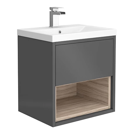Haywood 500mm Gloss Grey / Driftwood Wall Hung Vanity Unit with Open Shelf + Ceramic Basin 1 Haywood 500mm Gloss Grey / Driftwood Wall Hung Vanity Unit with Open Shelf + Ceramic Basin