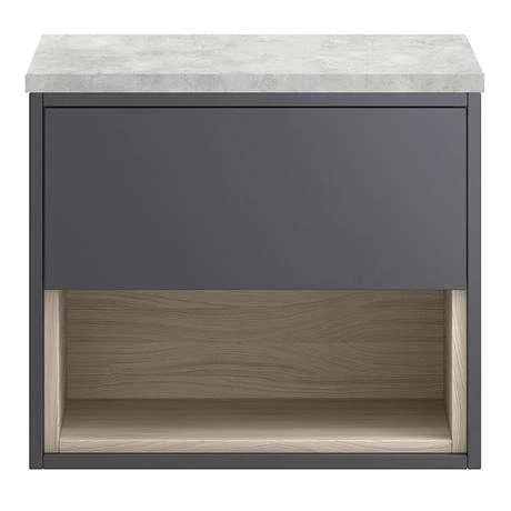Haywood Gloss Grey / Driftwood Wall Hung Countertop Vanity - 600mm w. Open Shelf + Bellato Grey Worktop 2 Haywood Gloss Grey / Driftwood Wall Hung Countertop Vanity - 600mm w. Open Shelf + Bellato Grey Worktop - Image 2