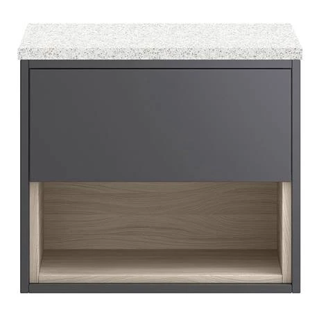 Haywood Gloss Grey / Driftwood Wall Hung Countertop Vanity - 600mm w. Open Shelf + White Worktop 2 Haywood Gloss Grey / Driftwood Wall Hung Countertop Vanity - 600mm w. Open Shelf + White Worktop - Image 2