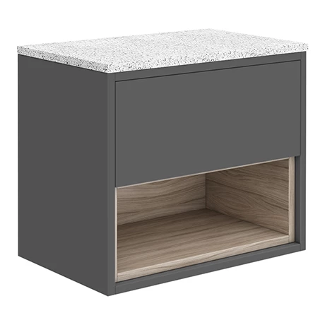 Haywood Gloss Grey / Driftwood Wall Hung Countertop Vanity - 600mm w. Open Shelf + White Worktop 1 Haywood Gloss Grey / Driftwood Wall Hung Countertop Vanity - 600mm w. Open Shelf + White Worktop