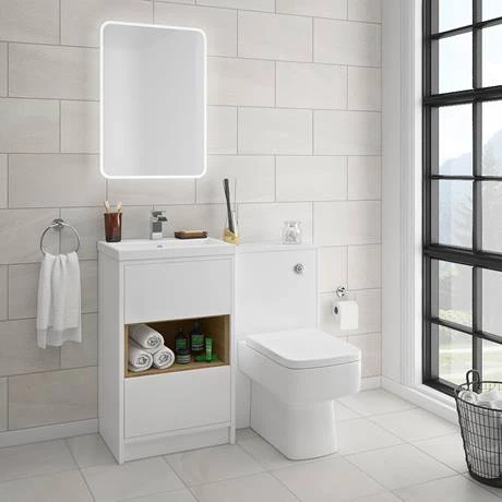 Haywood 500mm Gloss White / Natural Oak 2 Drawer Vanity Unit with Open Shelf + Ceramic Basin 3 Haywood 500mm Gloss White / Natural Oak 2 Drawer Vanity Unit with Open Shelf + Ceramic Basin - Image 3