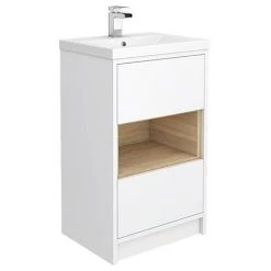 Haywood 500mm Gloss White / Natural Oak 2 Drawer Vanity Unit with Open Shelf + Ceramic Basin