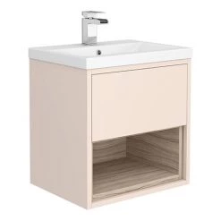 Haywood 500mm Matt Pink / Driftwood Wall Hung Vanity Unit with Open Shelf + Ceramic Basin