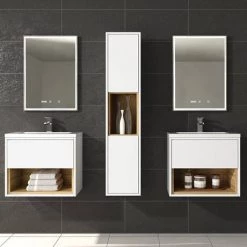 Haywood 500mm Gloss White / Natural Oak Wall Hung Vanity Unit with Open Shelf + Ceramic Basin -Cloakroom Vanity Units Shop HYWWH5 detail1 460
