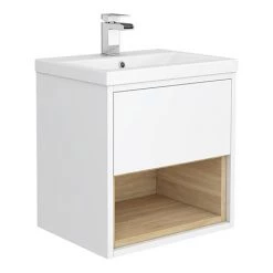 Haywood 500mm Gloss White / Natural Oak Wall Hung Vanity Unit with Open Shelf + Ceramic Basin