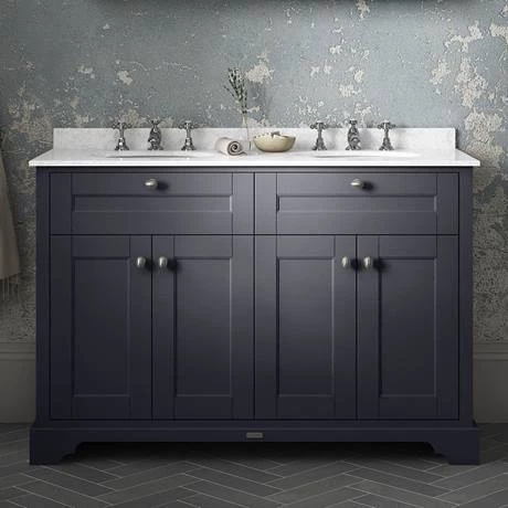Old London 1200mm Cabinet & Double Bowl White Marble Top - Twilight Blue 2 Old London 1200mm Cabinet & Double Bowl White Marble Top - Twilight Blue - Image 2