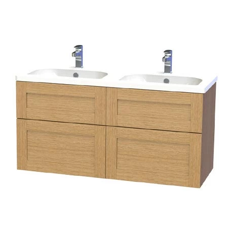 Miller London 120 Wall Hung Four Drawer Vanity Unit + Double Basin - Oak 1 Miller London 120 Wall Hung Four Drawer Vanity Unit + Double Basin - Oak