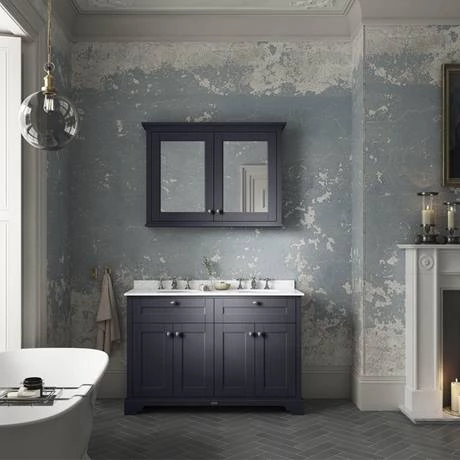 Old London 1200mm Cabinet & Double Bowl White Marble Top - Twilight Blue 3 Old London 1200mm Cabinet & Double Bowl White Marble Top - Twilight Blue - Image 3