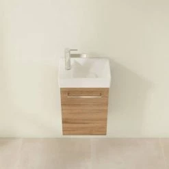 Villeroy and Boch Avento Oak Kansas 360mm Wall Hung Vanity Unit with Right Bowl Basin -Cloakroom Vanity Units Shop SAVE32RH01 D3 460