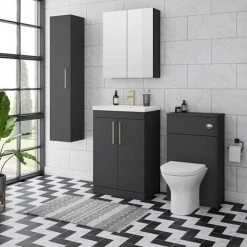 Arezzo 500 Matt Black Floor Standing Vanity Unit with Brushed Brass Handles -Cloakroom Vanity Units Shop Soft Black Lifestyle 01 460