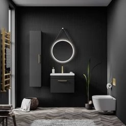 Arezzo 500 Matt Black Wall Hung 1-Drawer Vanity Unit with Brushed Brass Handle -Cloakroom Vanity Units Shop Soft Black Lifestyle 02 460