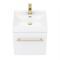 Valencia 450 Gloss White Minimalist Wall Hung Vanity Unit with Brass Handle -Cloakroom Vanity Units Shop V4WWHBB d4 460