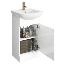 Venice 460 Gloss White Vanity with Brushed Brass Handle (Unit Depth 300mm) -Cloakroom Vanity Units Shop VBB450 d3 460